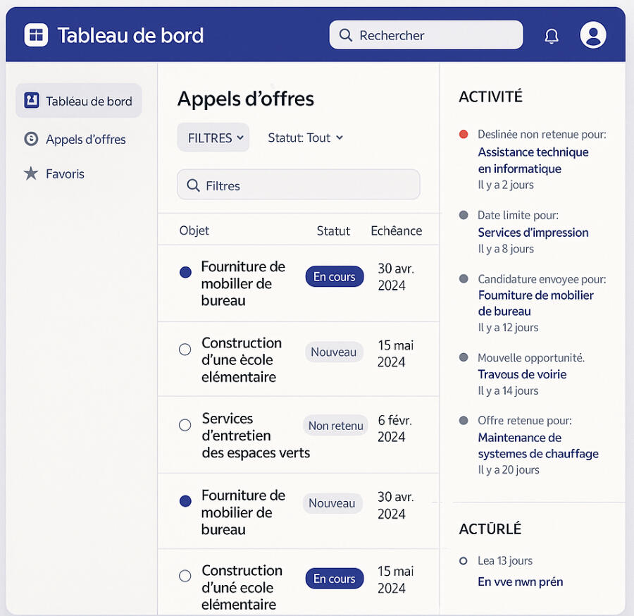 tableau bord marche public appel offre